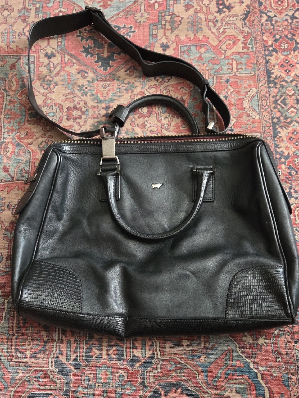 Braun Buffel Men's Black Leather Weekender Bag with Shoulder Strap